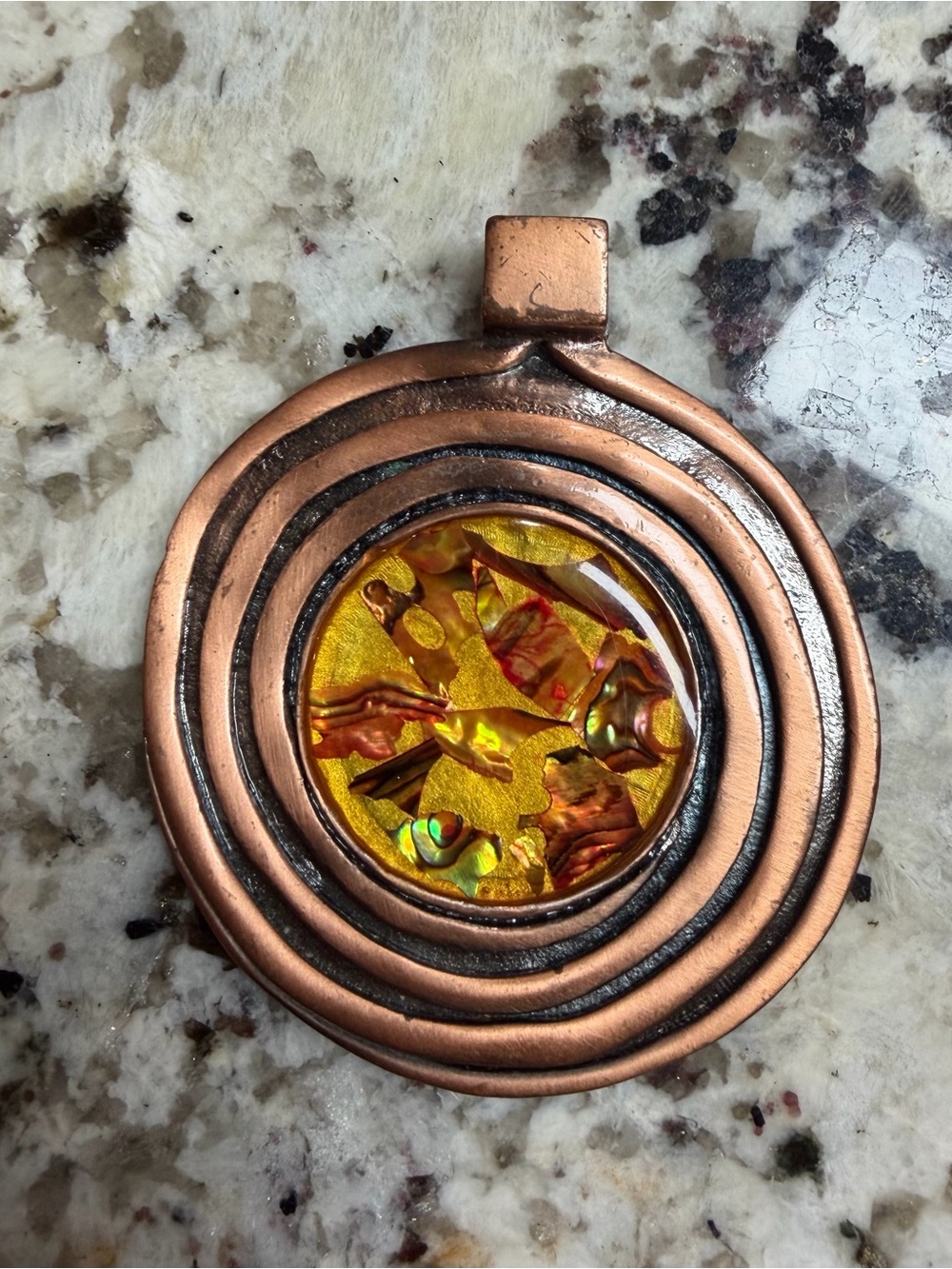 Copper Spiral Pendant with Yellow Abalone Shell in Resin Center